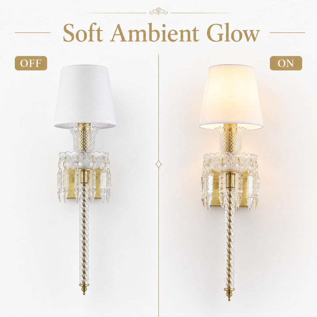 Modern Crystal Wall Sconce with Linen Shade Vintage Crystal Gold Wall Light Modern Glass Golden Wall Lamp for Bedroom, Hallway, Living Room, Mirror