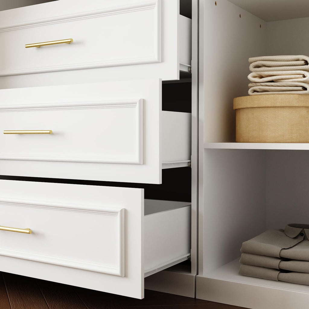 Wardrobe Closet Collection with Doors, Modern White Bedroom Armoire System with Gold Handles, Modern Clothes Storage