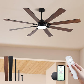 72 Inch Large Smart Ceiling Fan with Light and Alexa/APP(via WiFi),Black Indoor Outdoor Ceiling with Remote ,6 Speed