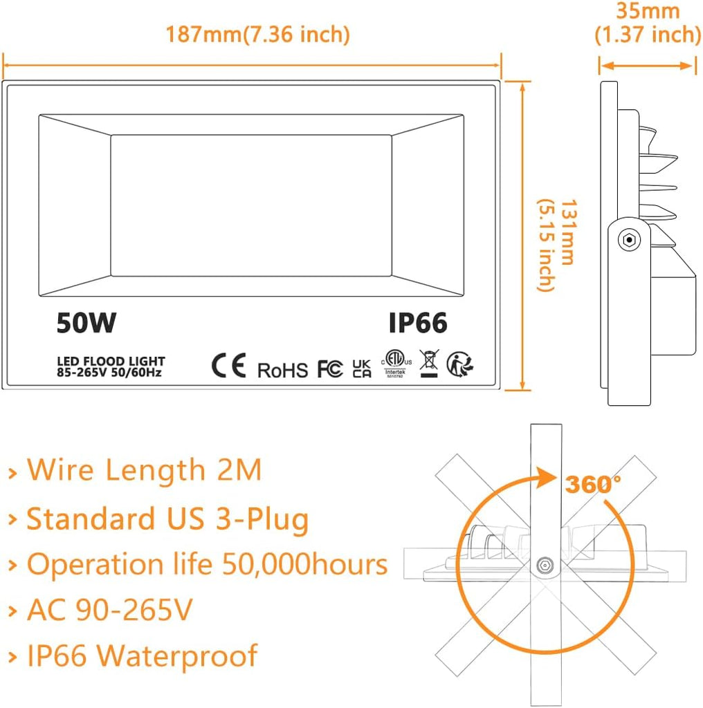 Led Flood Light 500W Equivalent, RGBW Led Outdoor Lights Colored Floodlight | Remote Control, 50W,5000ML 2700K,120