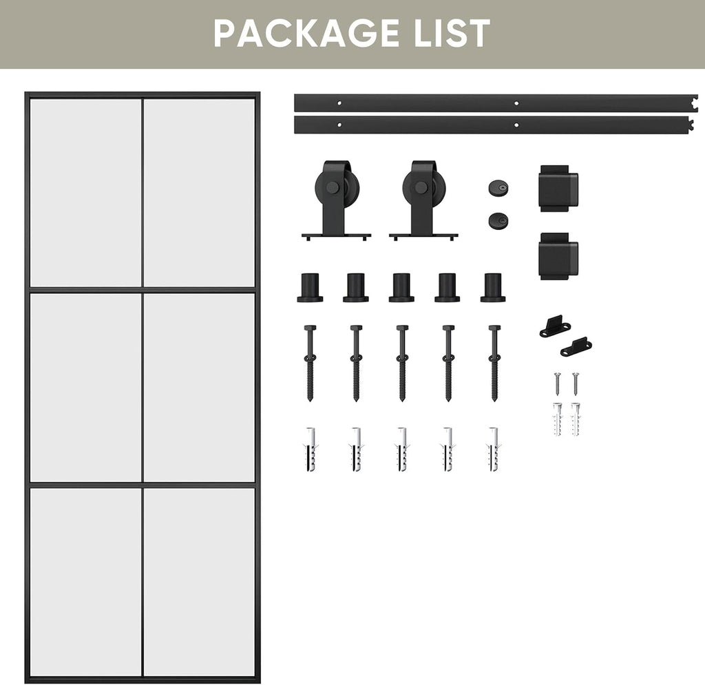38in x 96in Glass Sliding Barn Door with 6.6ft Hardware kit, 3-Panel Black Aluminum Frame and Clear Tempered Glass