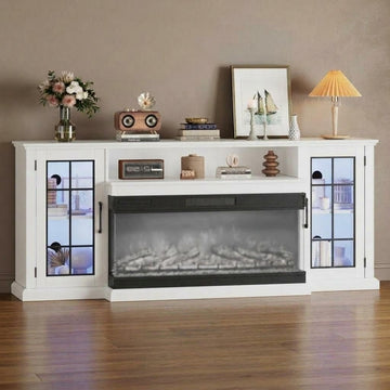 Farmhouse TV Stand for TVs up to 85" - Glass Doors, Storage, Fireplace | 75" Sideboard High-gloss finish, matte body