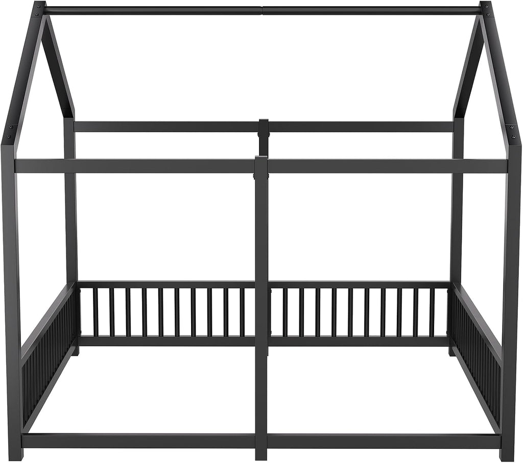 Twin Size Toddler Floor Bed,Double Bed Frames for Two Kids,Black | Montessori Floor Bed with Fence & Roof Design