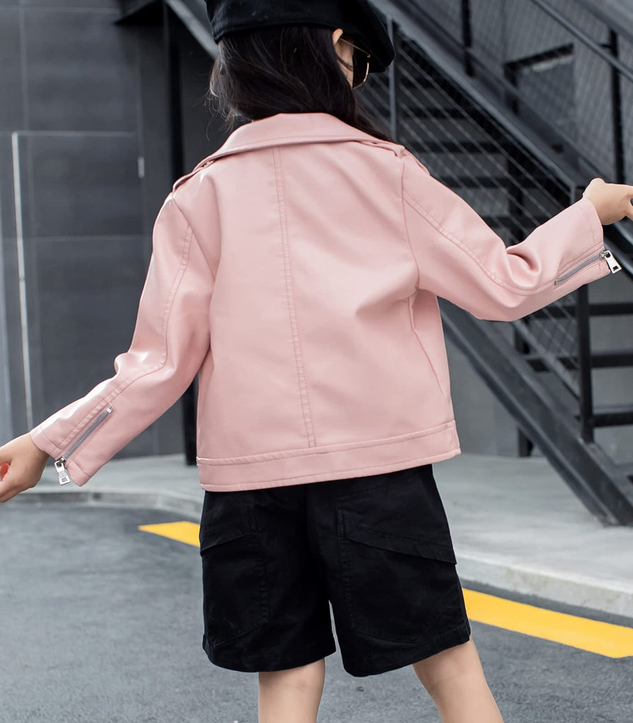 Girls Faux Leather Motorcycle Biker Jacket, Pink, 100