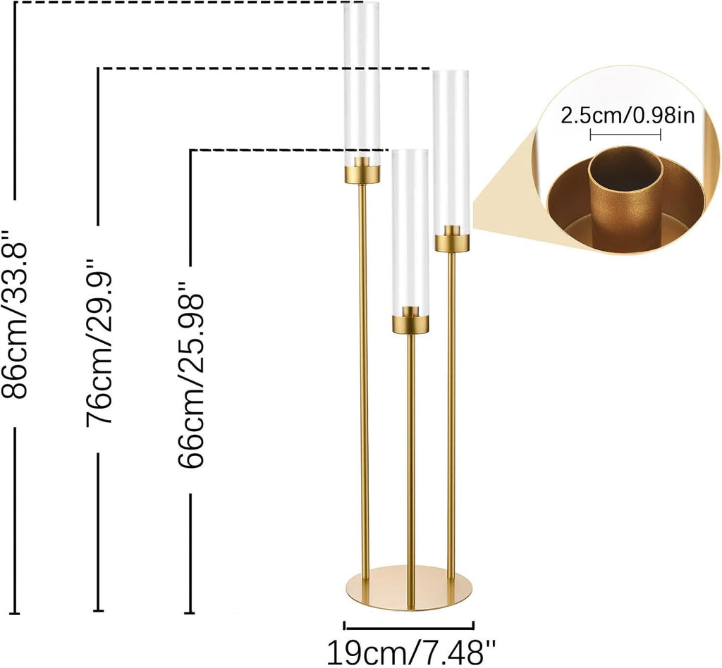 16PCS Gold Candle Holders, 3 Arm Candelabra Centerpiece with Acrylic Lampshade, Tall Metal Candlestick Holder Stand