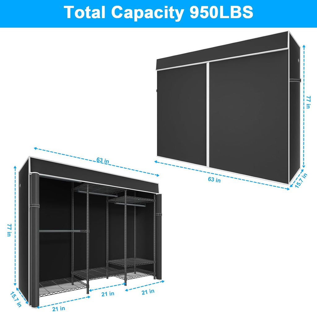 E13C Heavy Duty Closet Organizer System,Freestanding Clothing Racks for Hanging Clothes,Adjustable Garment Rack 63" W