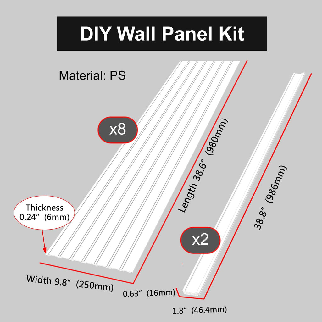 Wall Wainscoting Panel Kit,8-Pack 38.6"x9.8"(98x25cm) Slat Panels with 2-Pack Molding Trims,Beadboard Board and