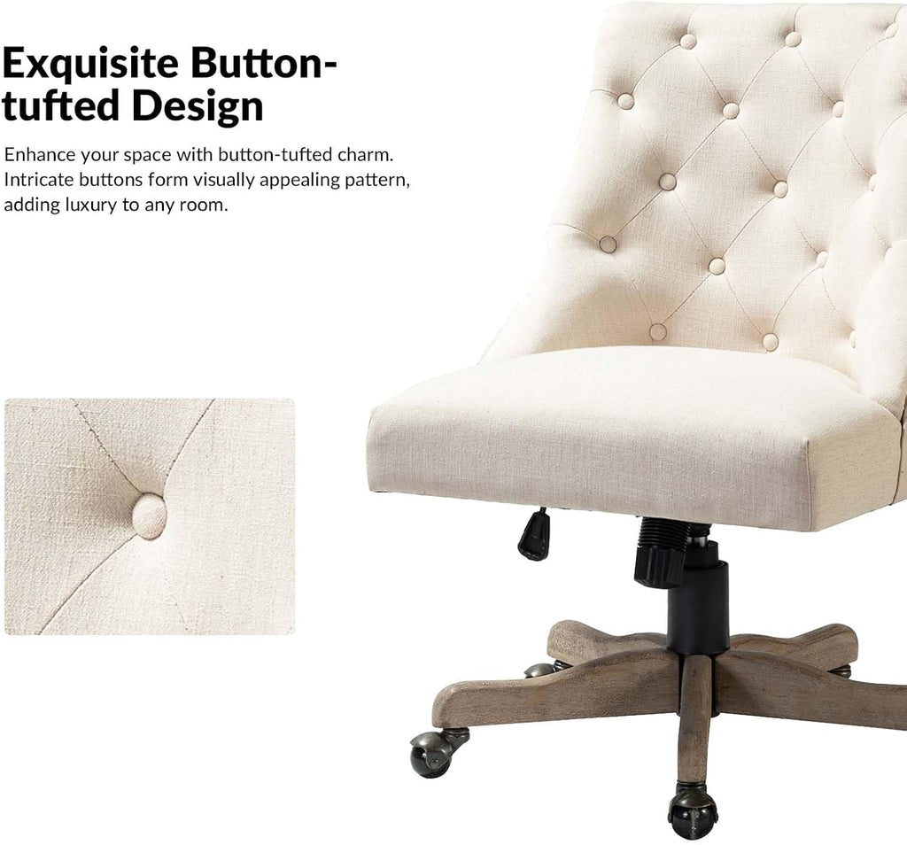 Modern Tufted Armless Home, Comfy Upholstered Desk Chair with Vintage Wood Base, Height Adjustable Swivel Computer