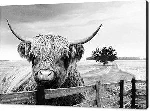 Modern Wall Art Attractive Animals Picture Black and White Background Canvas Highland Cow and Farmhouse Painting