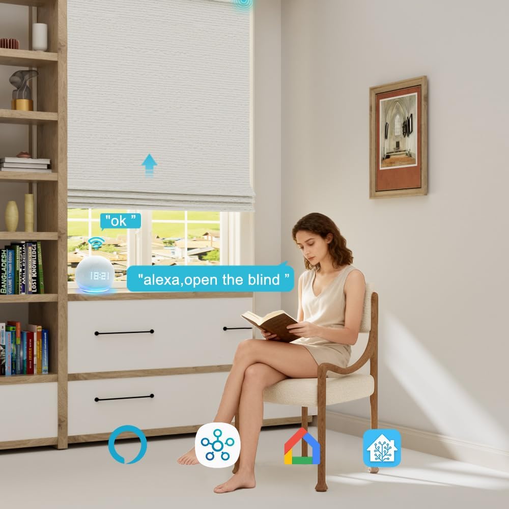Motorized Bamboo Roman Blinds with Remote, Woven Roman Shades Compatible with Alexa Google Home, Automatic Bamboo