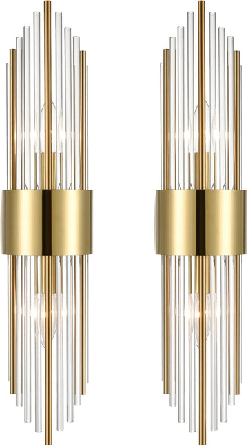 2-Light Modern Brushed Titanium Gold Wall Sconce with Clear Glass Crystal Luxury Wall Light Fixtures for Bedroom