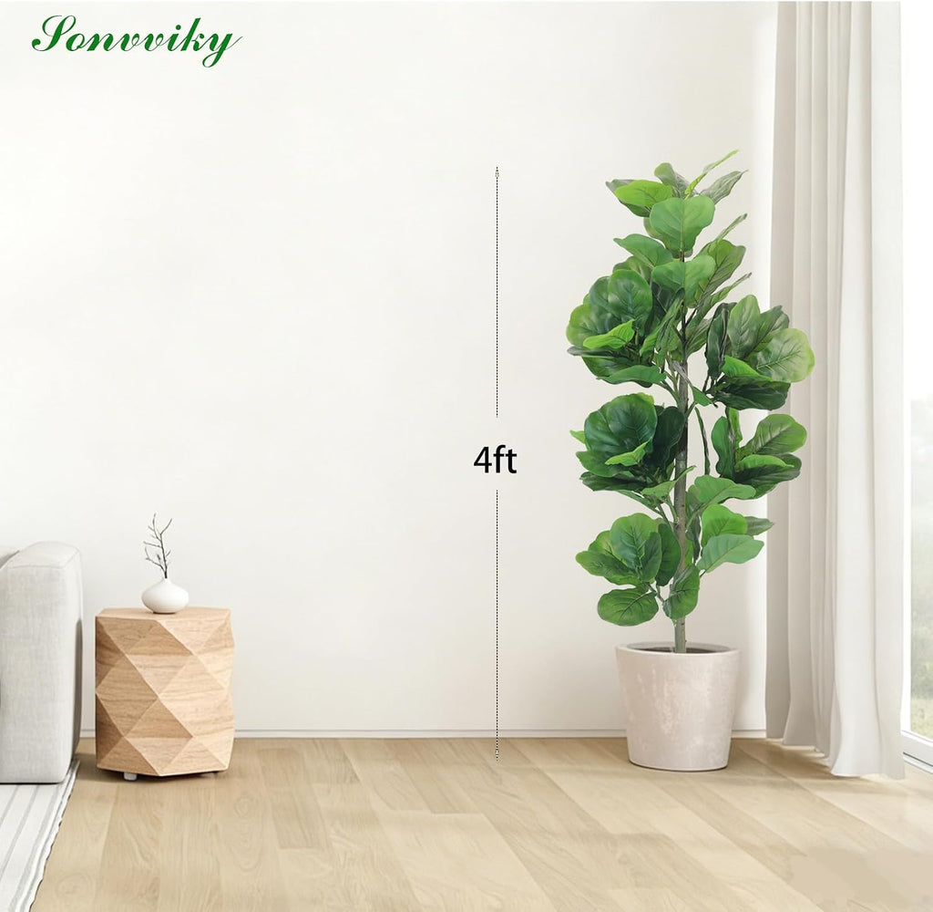 4FT Fiddle Leaf Fig Tree - Large Faux Trees Indoor Potted with Black Pot, Artificial Plants Indoor Tall Fake Tree