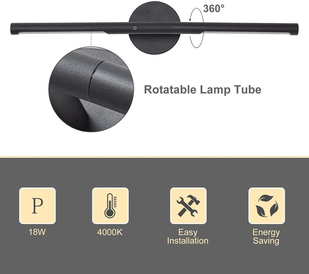 Matte Black Bathroom Light Fixtures Over Mirror 24 Inch, 18W 360° Rotatable Dimmable 4000K Led Vanity Light Bar