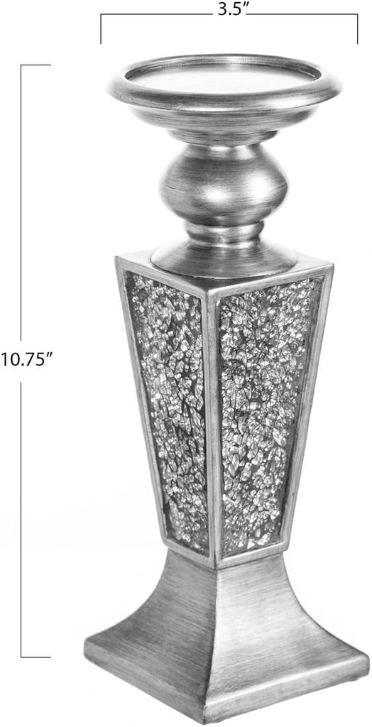 Schonwerk Silver Pillar Candle Holder Set of 2 - Crackled Mosaic Design - Centerpiece Table Decoration - Coffee Table