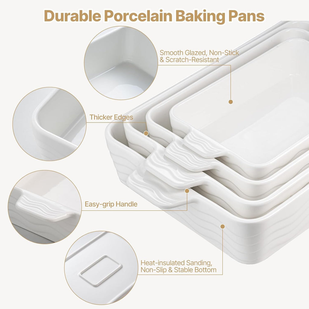 Casserole Dishes for Oven, Ceramic Dishes Set of 4, Porcelain Pan with Handles, Rectangular Lasagna Pan for , Wedding
