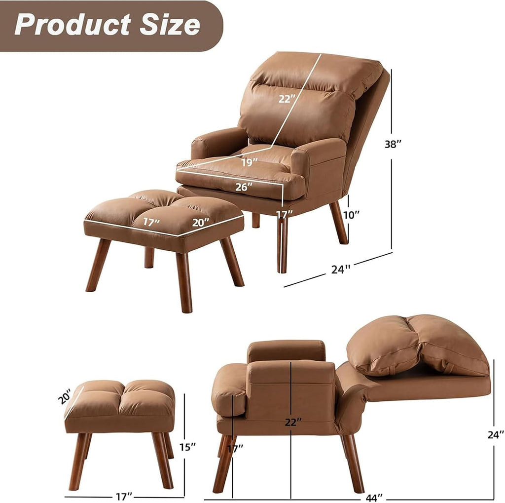 Modern Accent Chair with Ottoman, Soft Fabric Armchair with Adjustable Backrest and Side Pockets, Comfy Lounge Chair