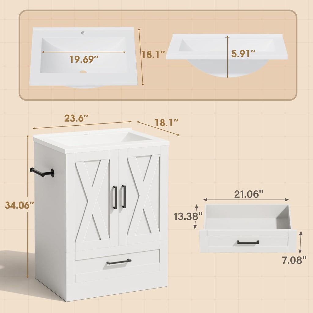 24" Bathroom Vanity with Sink, Bathroom Storage Vanity Sink Cabinet with 2 Doors ＆ 1 Drawer Space