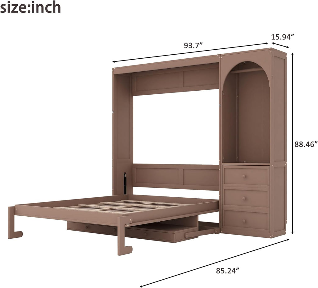 Queen Vertical Murphy Bed with Built-in Led Lighting Wardrobe & Clothes Rod On Side,Drawers & Folding Down Desk with
