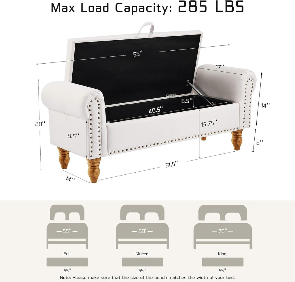 55" Linen Storage Bench, Queen End of Bed, Off-White | Linen Upholstered, Bedroom/Entryway/Closet, Storage Ottoman