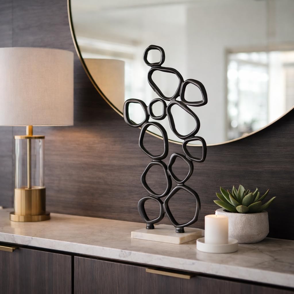 Abstract Sculpture Home Decor Figurine Ornament - Metal Loop Detail Statue on Marble Base for Shelf or Coffee Table