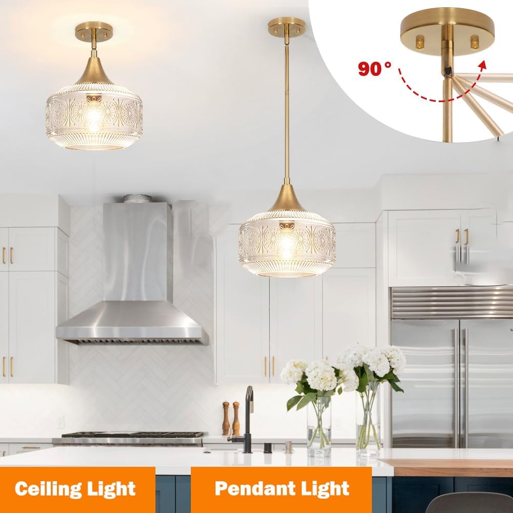 Vintage Gold Pendant Light with Clear Glass, Adjustable Kitchen Pendant Lighting over Island, Brushed Pendant Lights