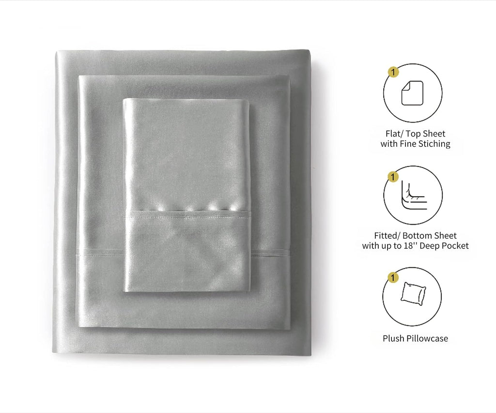 Silk like Satin Sheets, King Bed Sheet Set, Light Gray, 4 Piece