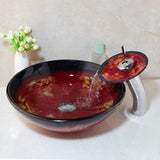 Red Glass Vessel Sink with Faucet and Drain Combo 16 Inch Tempered Glass Bathroom Sink Above Counter