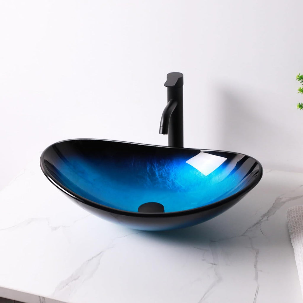 21" Glass Bathroom Vessel Sink with Pop up Drain Set,Countertop Oval Bowl Tempered Glass Art Basin,Shallow