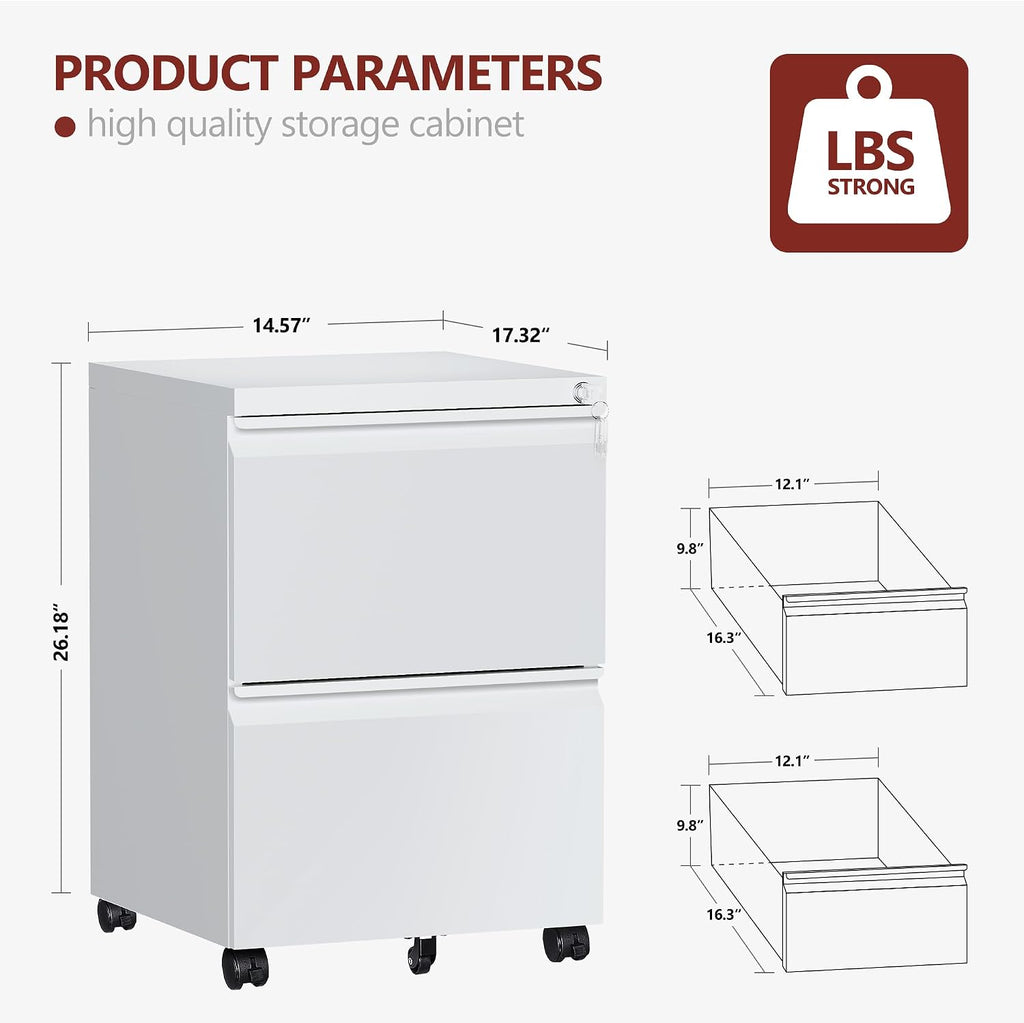2 Drawer File Cabinet,Mobile Filing Cabinet with Lock and Wheels,Fully Assembled Metal Under Desk File Cabinets for
