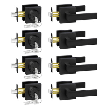 Matte Black Exterior Door Lock Set, Exterior Entry Door Lock with Single Cylinder Deadbolt Lock, Flat Square Passage