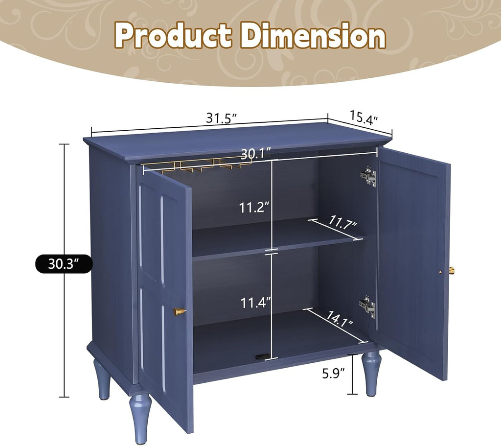 Blue Sideboard Buffet Cabinet with Storage, Mid-Century Modern Storage Cabinet with 2 Doors and Adjustable Shelves