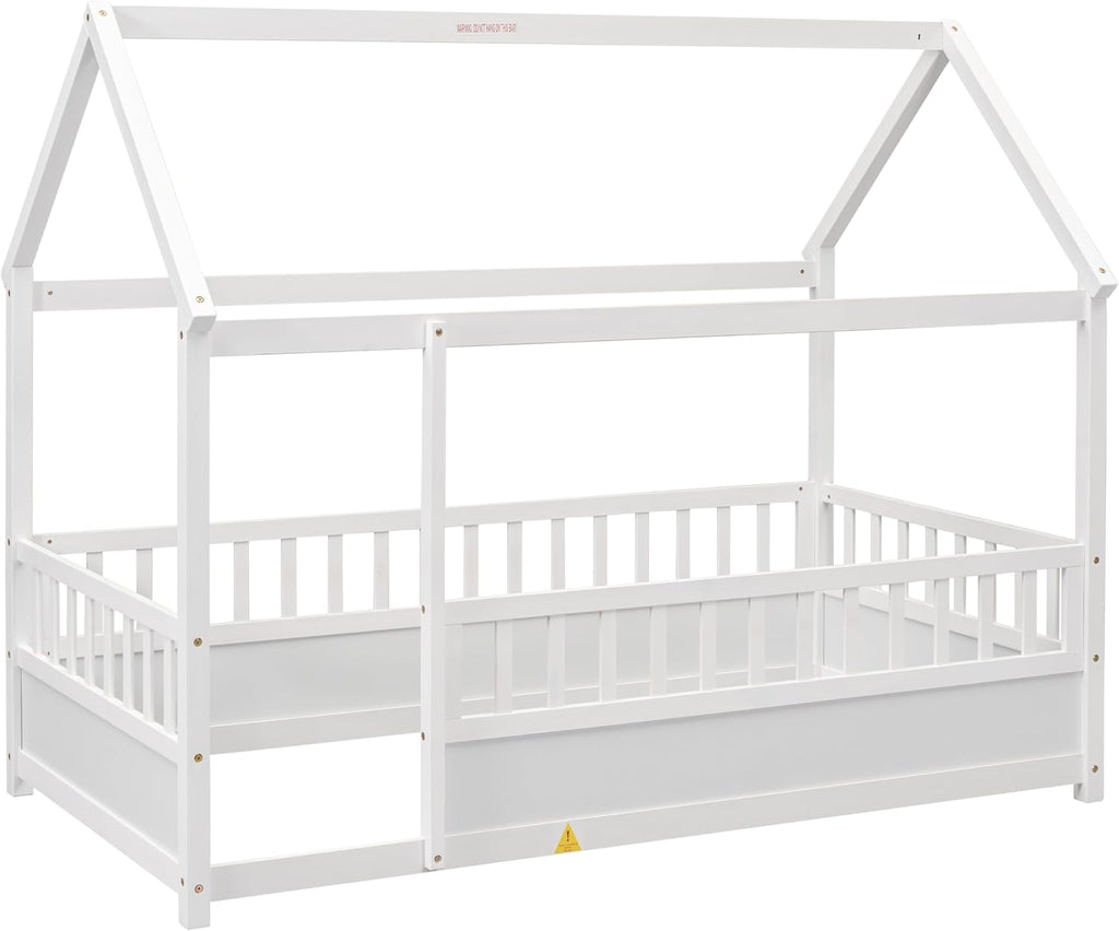 Kids Montessori Bed Twin Size, Twin Floor Bed with High Fence, House Beds for Kids, Girls, Boys, Wood Montessori