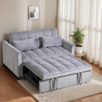 53" Sleeper Sofa, 3-in-1 Convertible Pull Out Couch, Velvet Loveseat with Adjustable Backrest, Side Pockets & 2