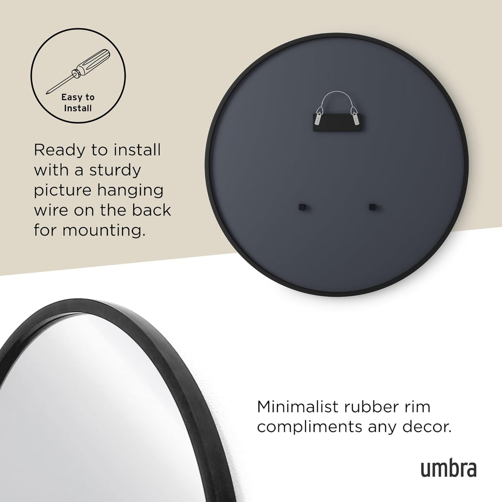 Hub Round Wall Mirror with Rubber Frame, Modern Style and More, 37-Inch, Black
