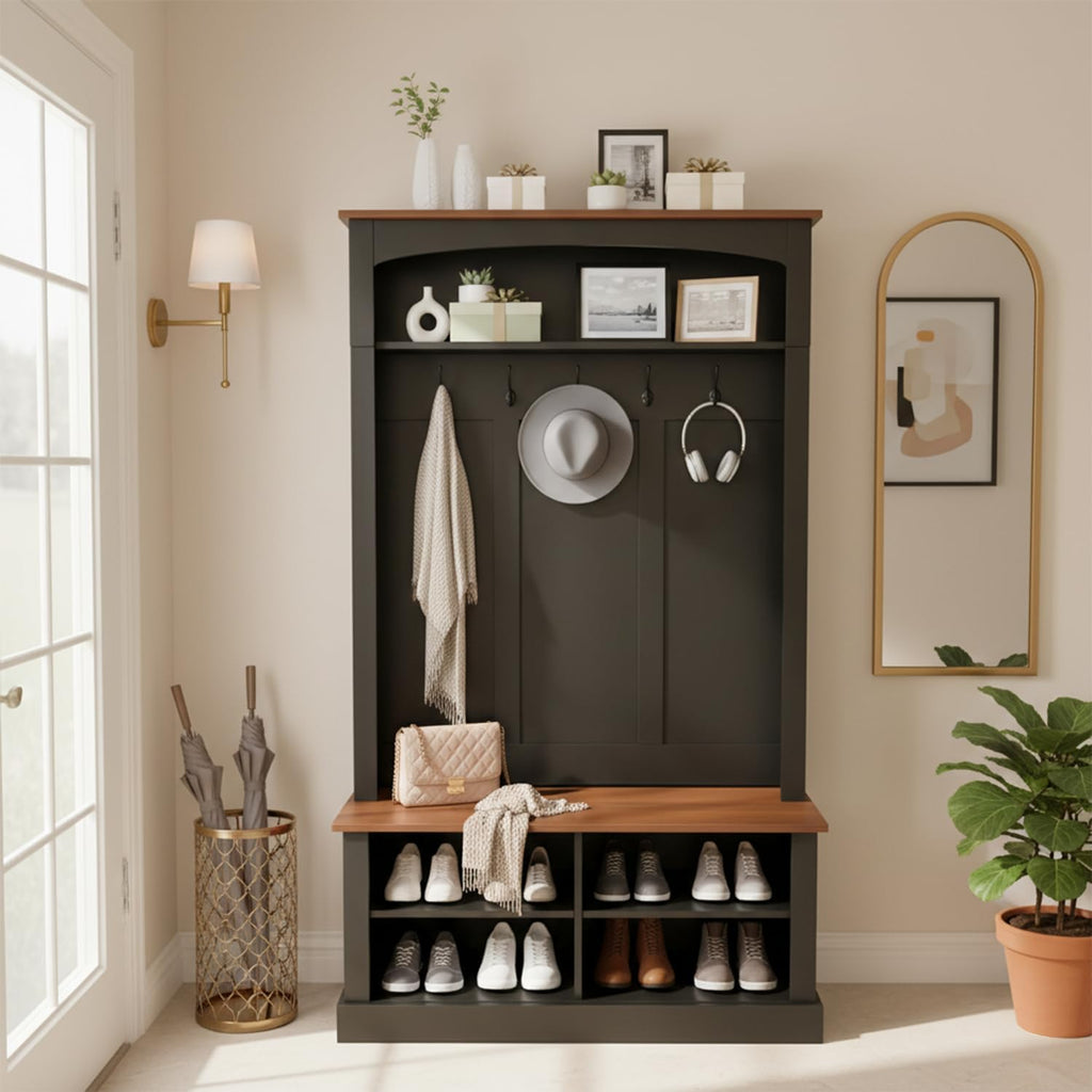 40.2" Wide Farmhouse Hall Tree with Bench, Entryway Coat Rack & Shoe Storage Cabinet with 5 Hooks, 71" Tall Mudroom