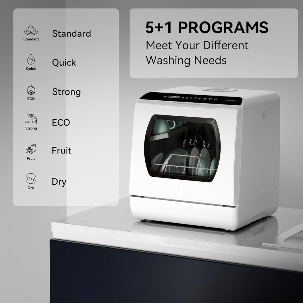 Portable Countertop Dishwashes, 5 Washing Programs Mini Dishwasher with 5-Liter Built-in Water Tank for Apartments & RVs, Tabletop Dishwasher with LED Light & Glass Door, No Hookup Needed