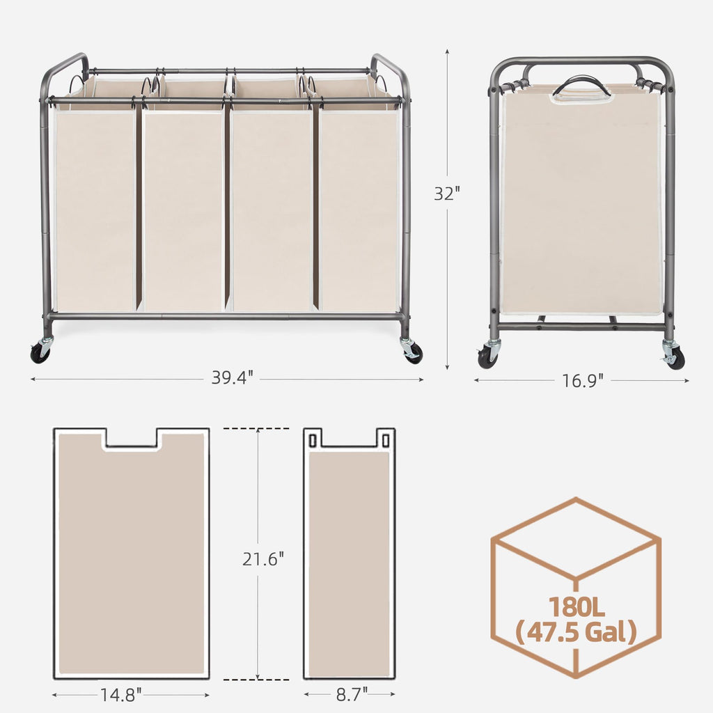 3 Section Laundry Sorter, Laundry Hamper with Wheels, Beige