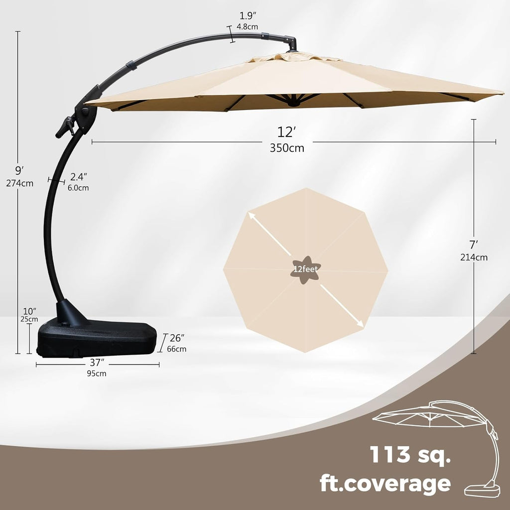 12 FT Sunbrella Cantilever Umbrella with Base Outdoor Aluminum Offset Umbrella with Tilt Adjustment (Flax