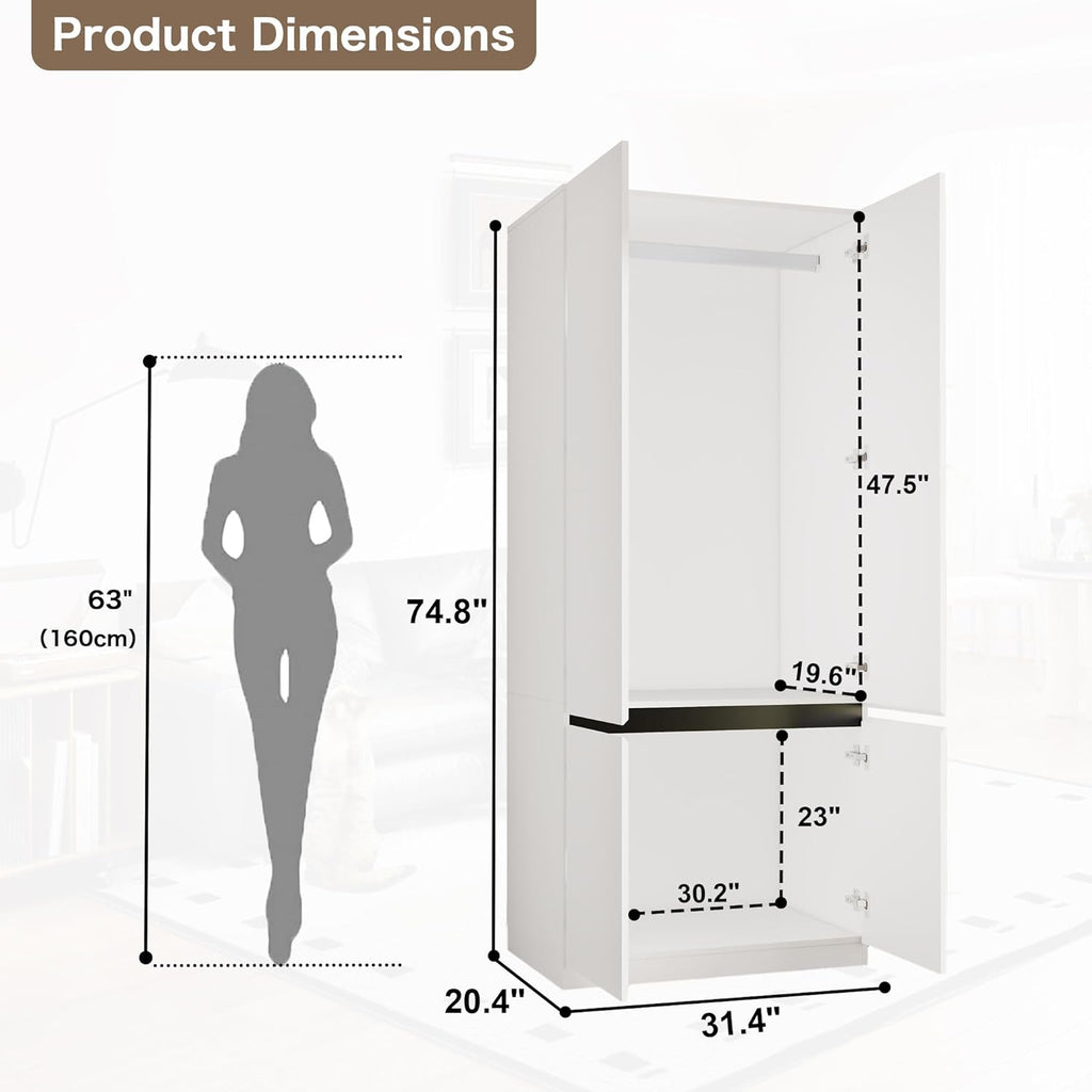 White Armoire Wardrobe Closet: 74" Large Wardrobe Closet with 2 Doors, Wood Closets Cabinet for Hanging Clothes