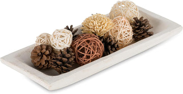 Wood Decorative Bowl for Coffee Table Entryway Decor, Rustic White | 14.6" Farmhouse Mid Century Style, Potpourri