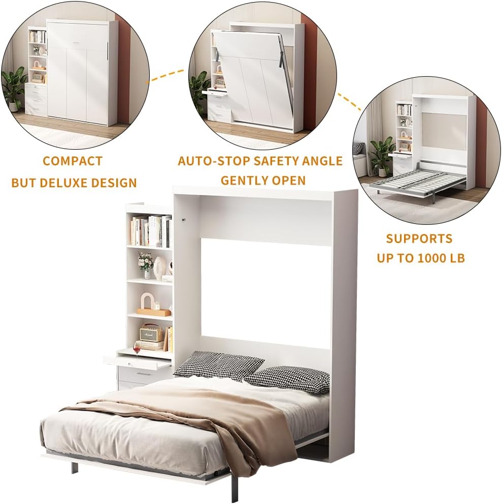 Full Murphy Bed, Morden Full Vertical Murphy Bed Frame with Shelf and Drawers, Wall Bed Hidden Bed Gas Struts, White