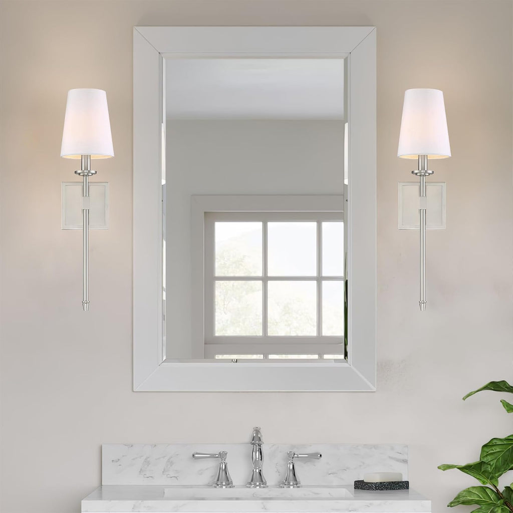 Torche 20" Mid Century Modern Wall Sconce Vanity | Tapered White Linen Shade, Silver Candle Wall Light with Elongated