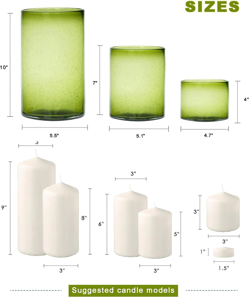 Hurricane Candle Holders Set of 3, Spring Green Glass | Seeded Bubbles, Pillar Candle Holders, Cylinder Vase