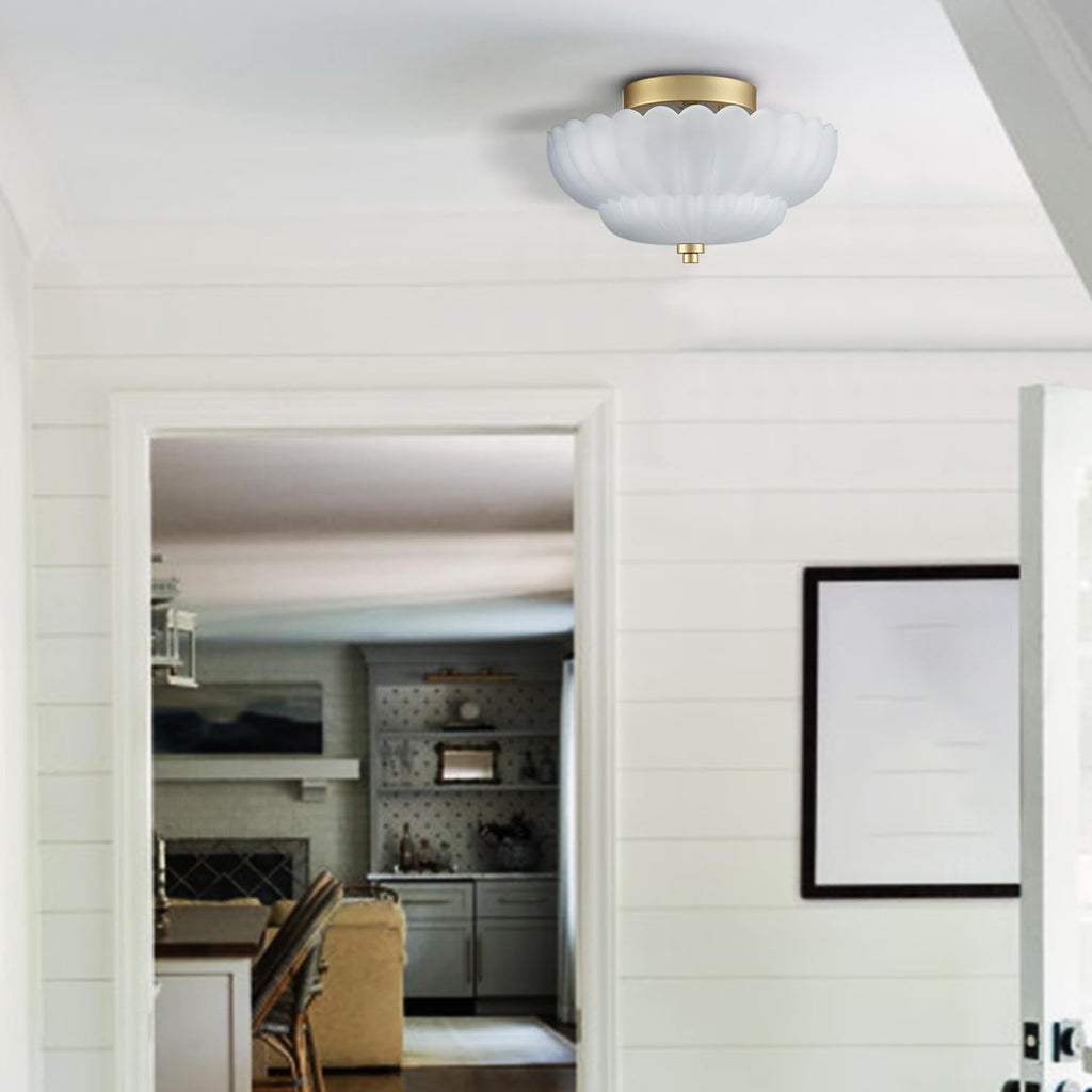Gold Flush Mount Ceiling Light with Scalloped Frosted Milk Glass | Modern Brass Semi Flush Mount Ceiling Light