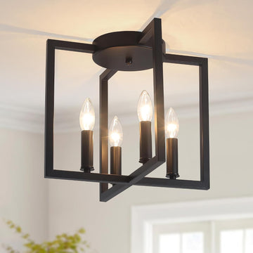 Semi Flush Mount 4-Light Black Ceiling Light, Modern Farmhouse Industrial Light with Geometric Metal Shade, Kitchen