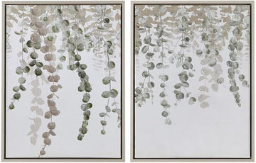 Botanical Framed Wall Art , Set of 2 Hand Embellished Canvas Wall Décor, Eucalyptus Leaves, Easy To Hang Vertically