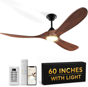 Wall Switch-60 inch Outdoor Ceiling Fan with Light Remote for Patios, Wet Rated Wood 3-Blade Propeller Ceiling Fans