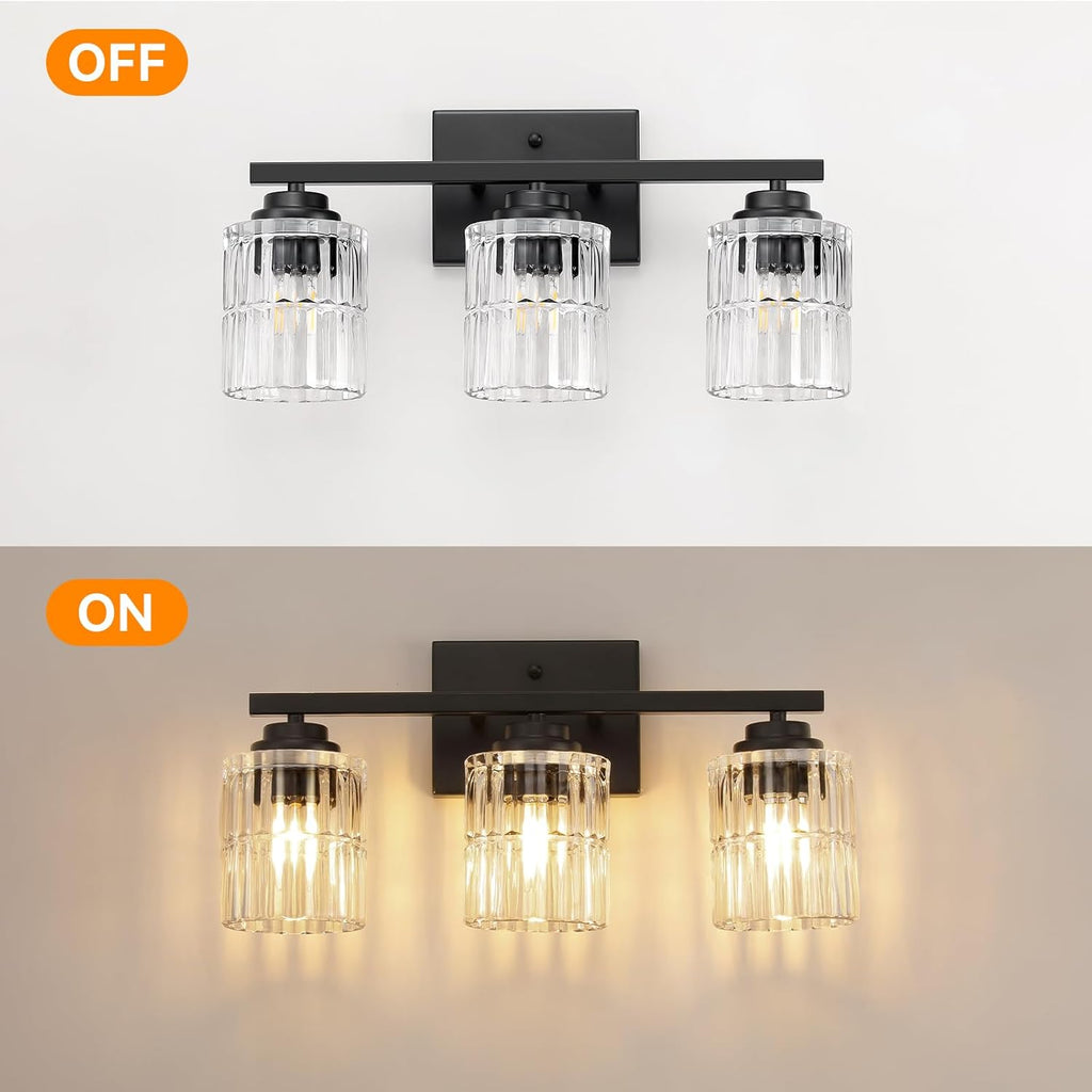 Black 3-Light Bathroom Vanity Light with Fluted Cylinder Glass Shade | Modern Vanity Lighting Fixtures, Bathroom