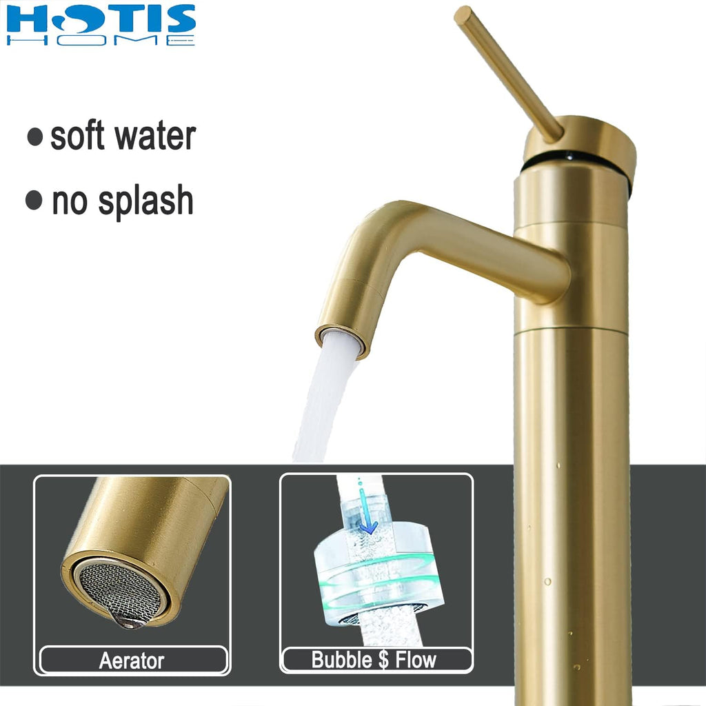 Gold Vessel Sink Faucet, 360 Swivel Brushed Gold Vessel Faucet, Single Handle Tall Body Farmhouse Vessel Faucet