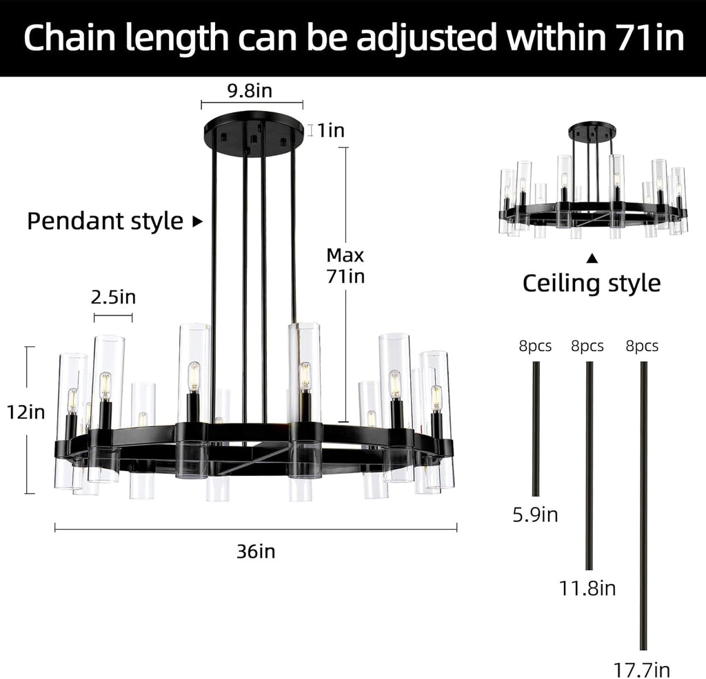 Inspired Ravelle Style 12 Light Black Round Chandelier 36'' Wagon Wheel Chandeliers for Dining Room Light Fixture Clear Glass Tube Chandelier Modern Farmhouse Chandeliers for Living Room Bedroom, Bulb Included